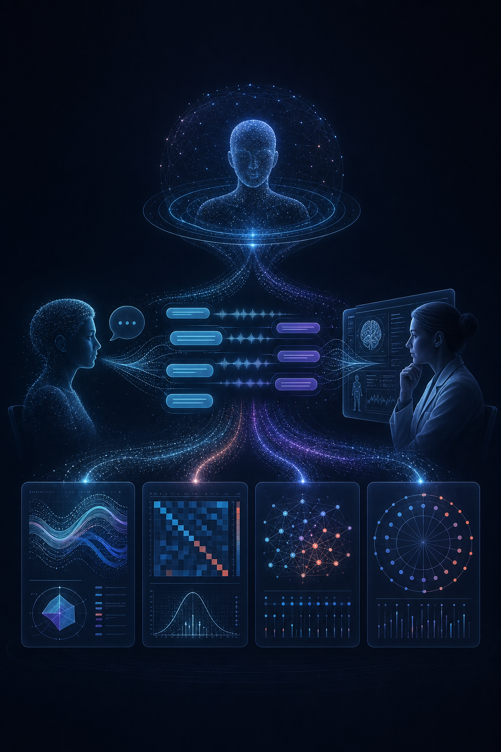 患者智能体与医生智能体开展动态问诊，评审智能体基于完整会话输出四类评测结果